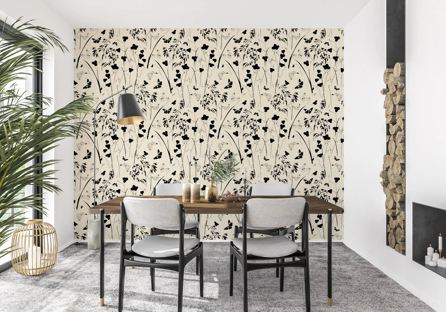 Tapet med silhuet af eng og sommerfugleprint