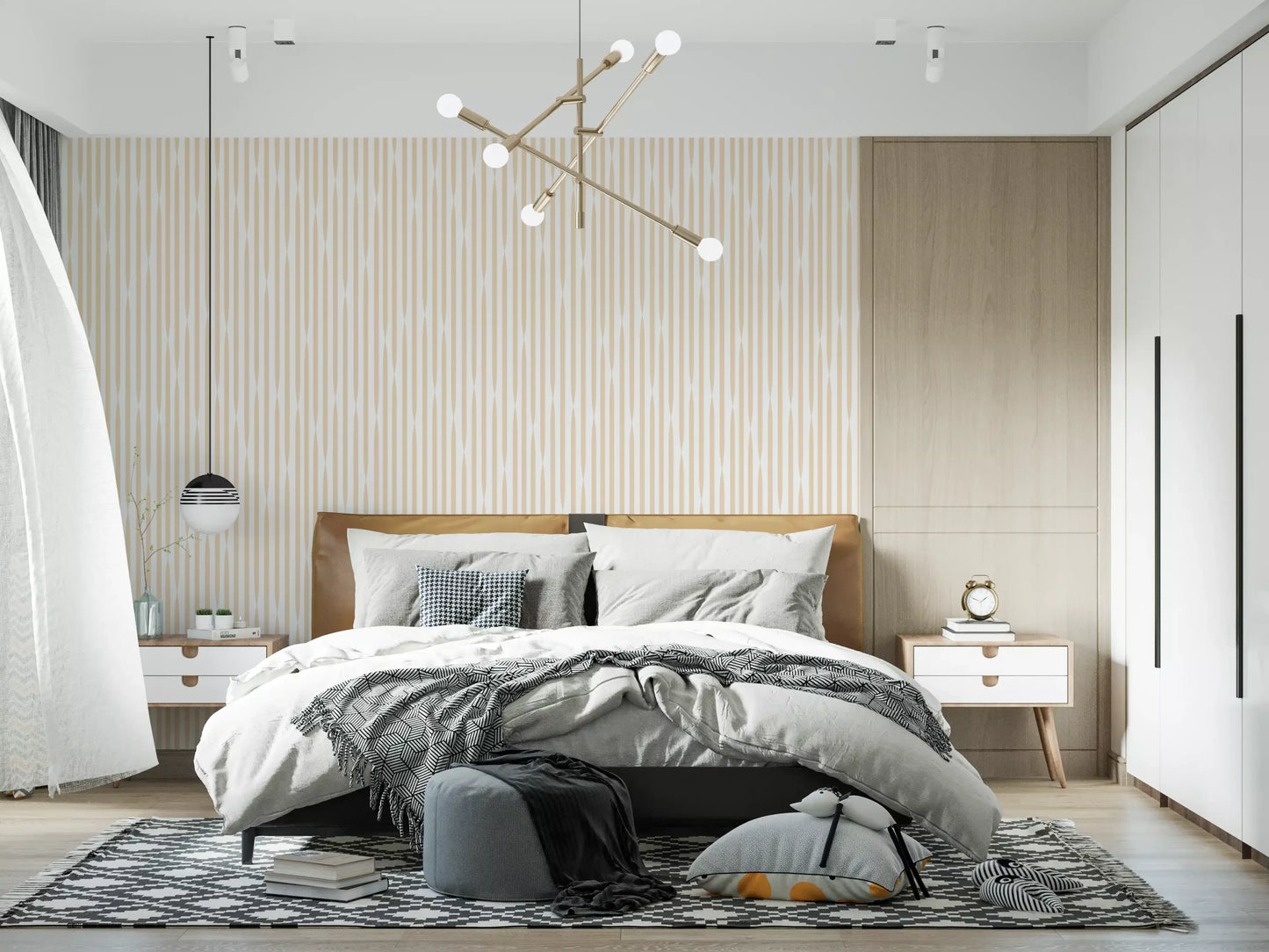 Cream and Beige Interlocking Stripes Wallpaper⁠