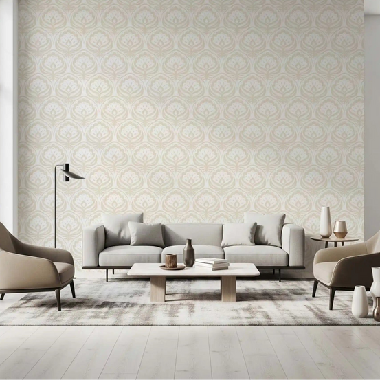 Living room styled with the Cream Ogee Damask pattern in beige wallpaper GD11970
