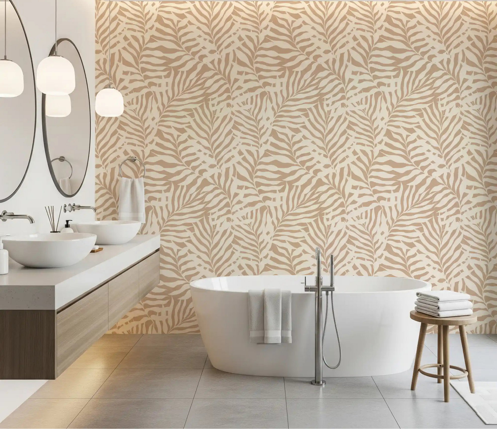 Wallpaper in minimalist palm leaves warms a calm bathroom, cream and beige GD11985