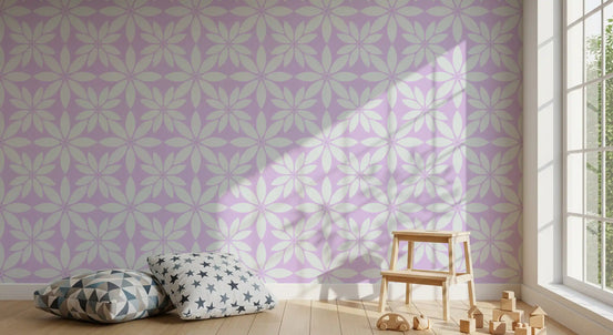 Calm lilac lifts a kids nursery area, white petal lattice wallpaper on display, GD11987