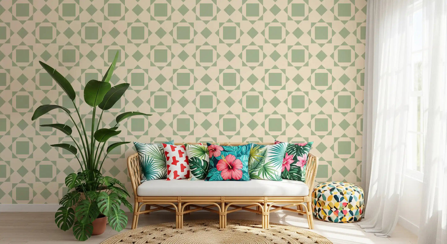 Papel tapiz geométrico de cuadrados entrelazados en verde salvia