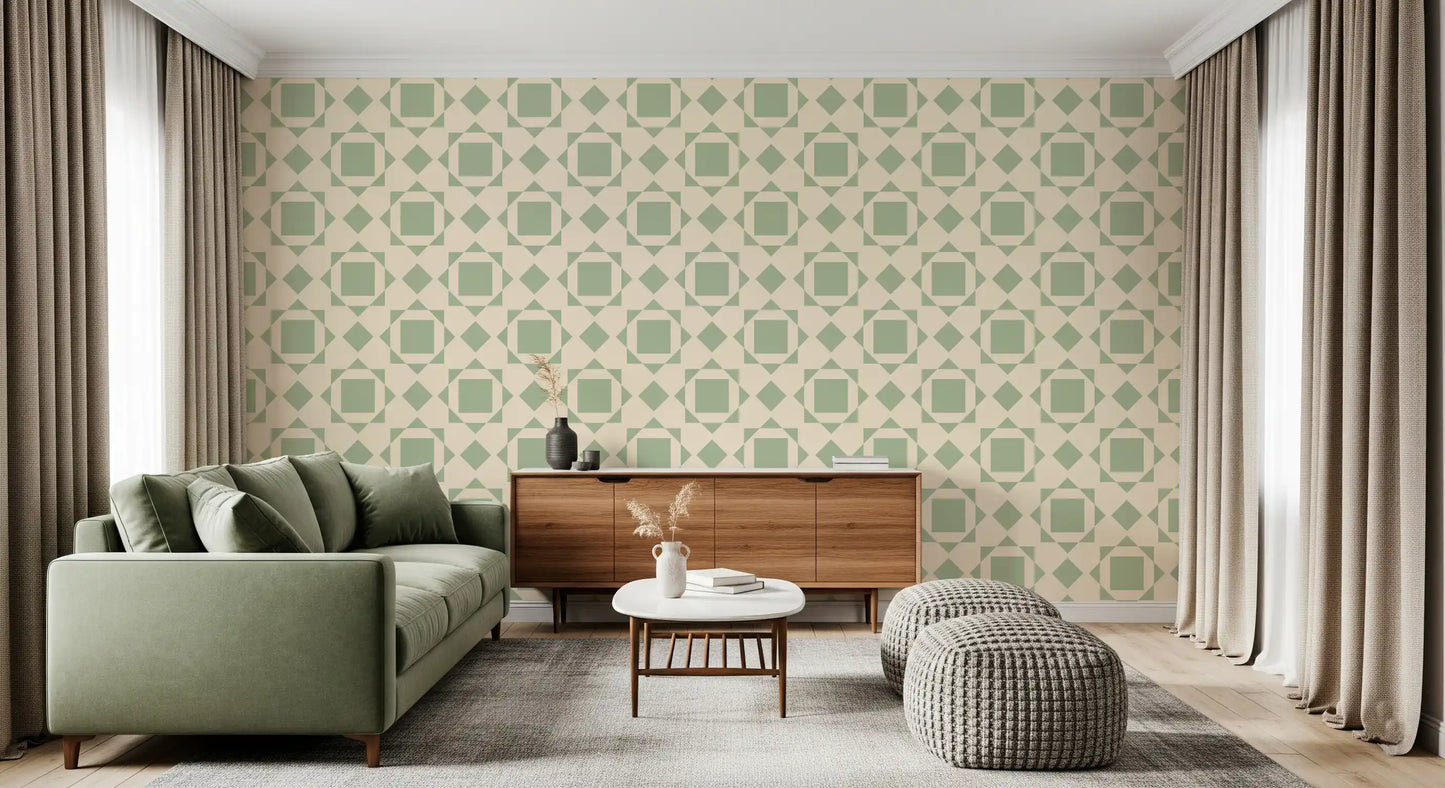 Papel tapiz geométrico de cuadrados entrelazados en verde salvia