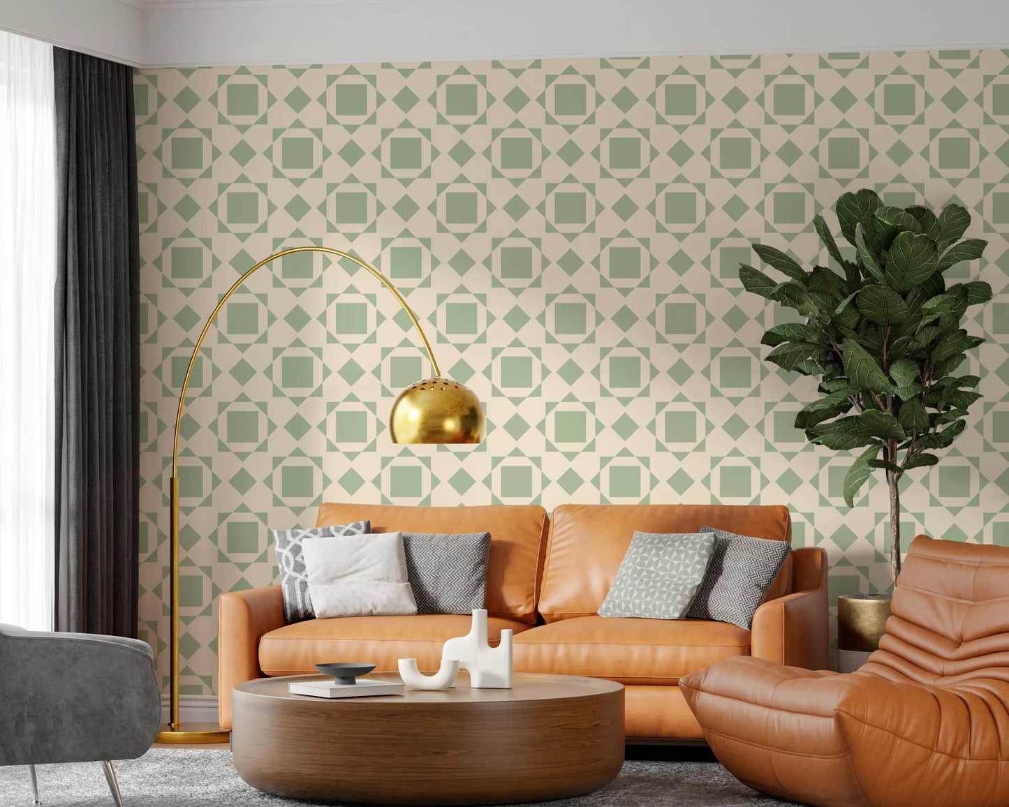 Papel tapiz geométrico de cuadrados entrelazados en verde salvia