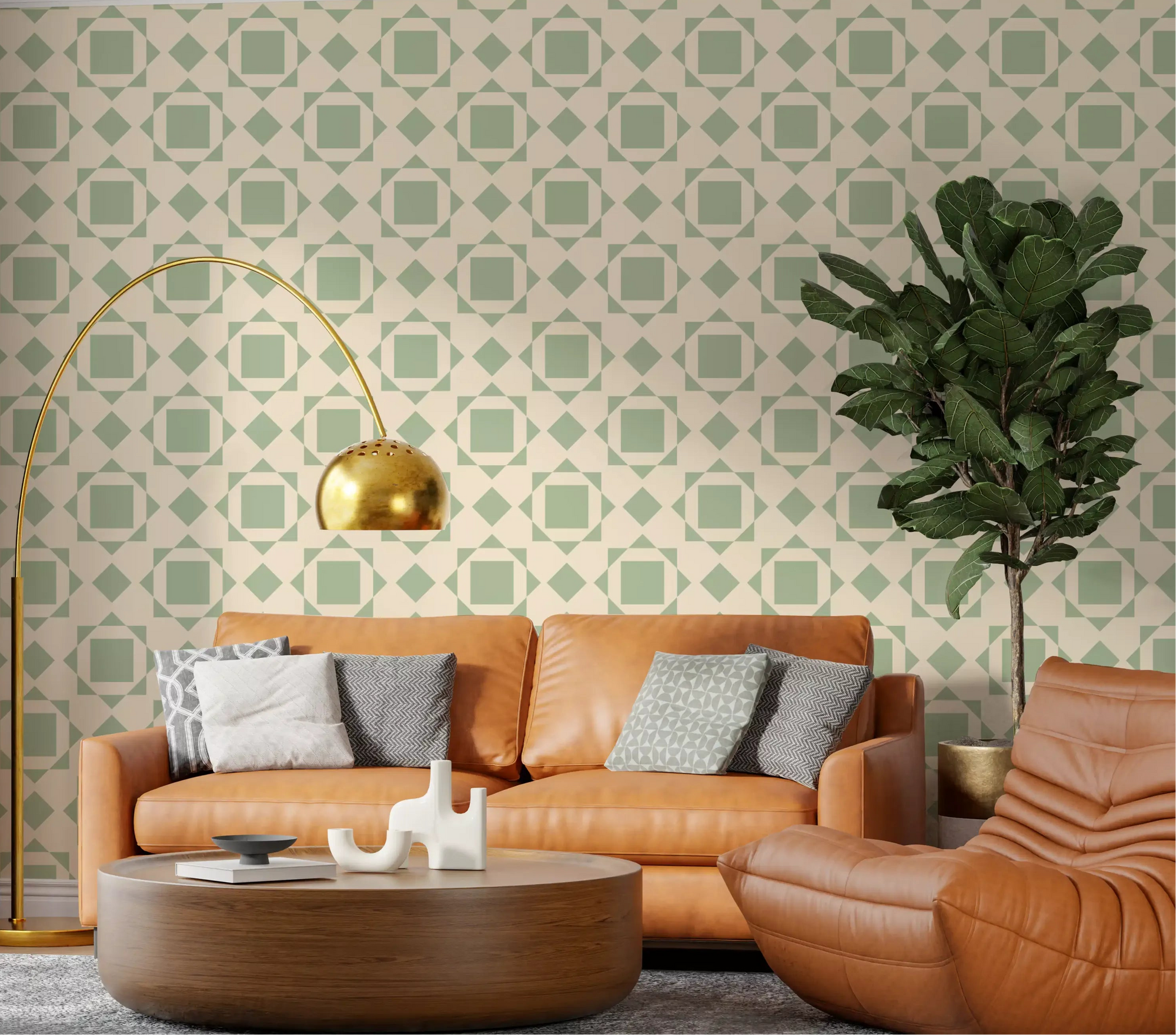 Sage geometric squares on cream wallpaper suit a calm, restful Living rom GD11989

