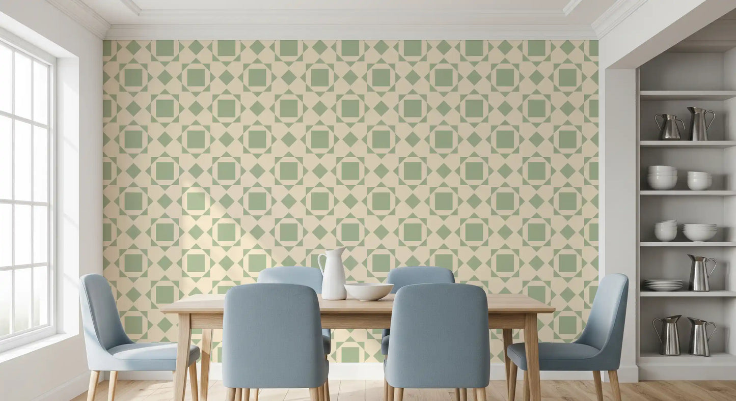 Papel tapiz geométrico de cuadrados entrelazados en verde salvia