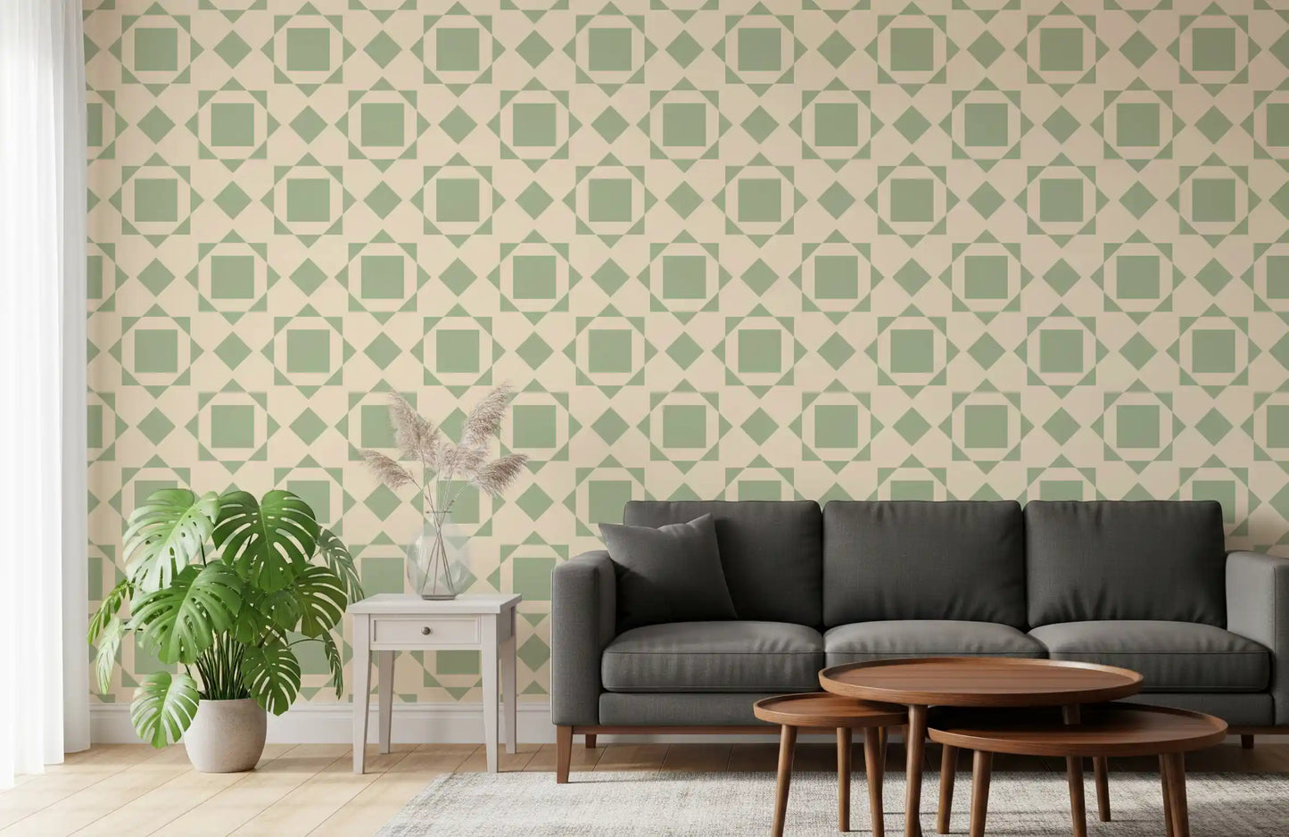 Papel tapiz geométrico de cuadrados entrelazados en verde salvia