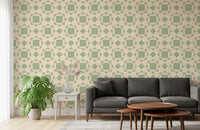Papel tapiz geométrico de cuadrados entrelazados en verde salvia
