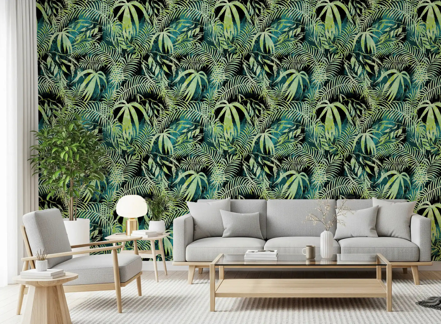 Carta da parati con sovrapposizione astratta di palme tropicali