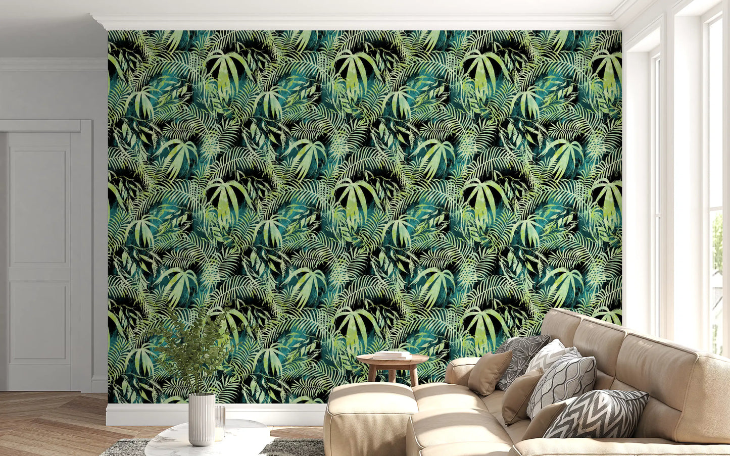 Carta da parati con sovrapposizione astratta di palme tropicali