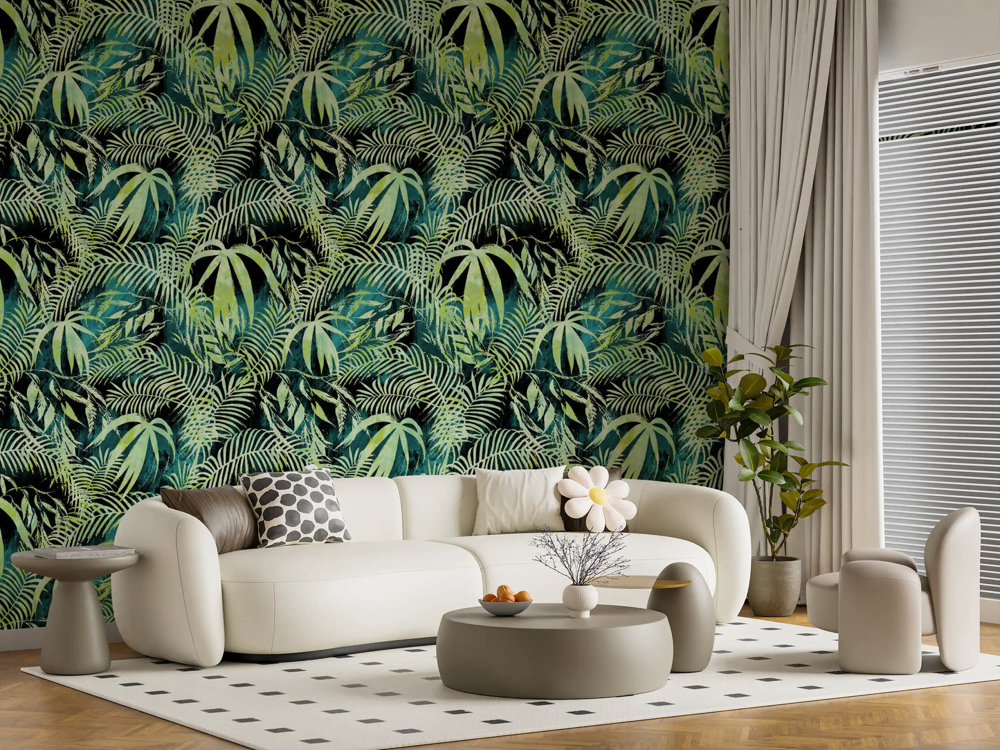 Carta da parati con sovrapposizione astratta di palme tropicali