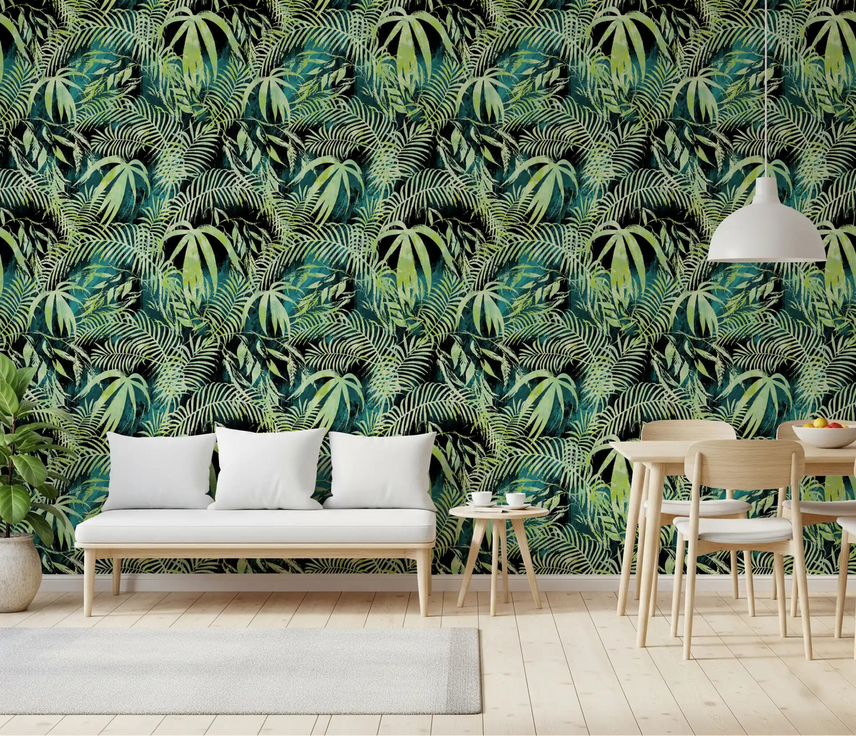 Deep green Palm Overlay wallpaper styling a calm Dining room GD11998