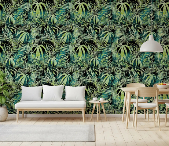 Deep green Palm Overlay wallpaper styling a calm Dining room GD11998