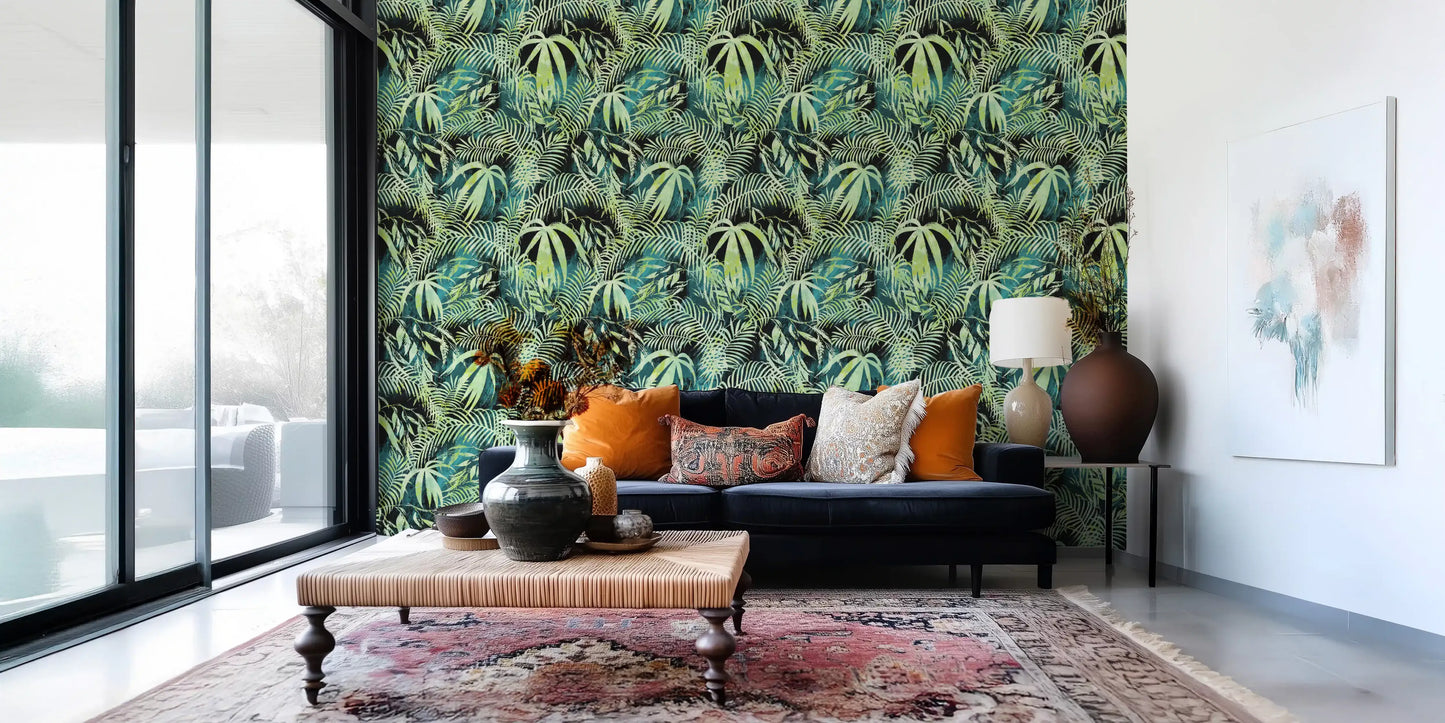 Carta da parati con sovrapposizione astratta di palme tropicali