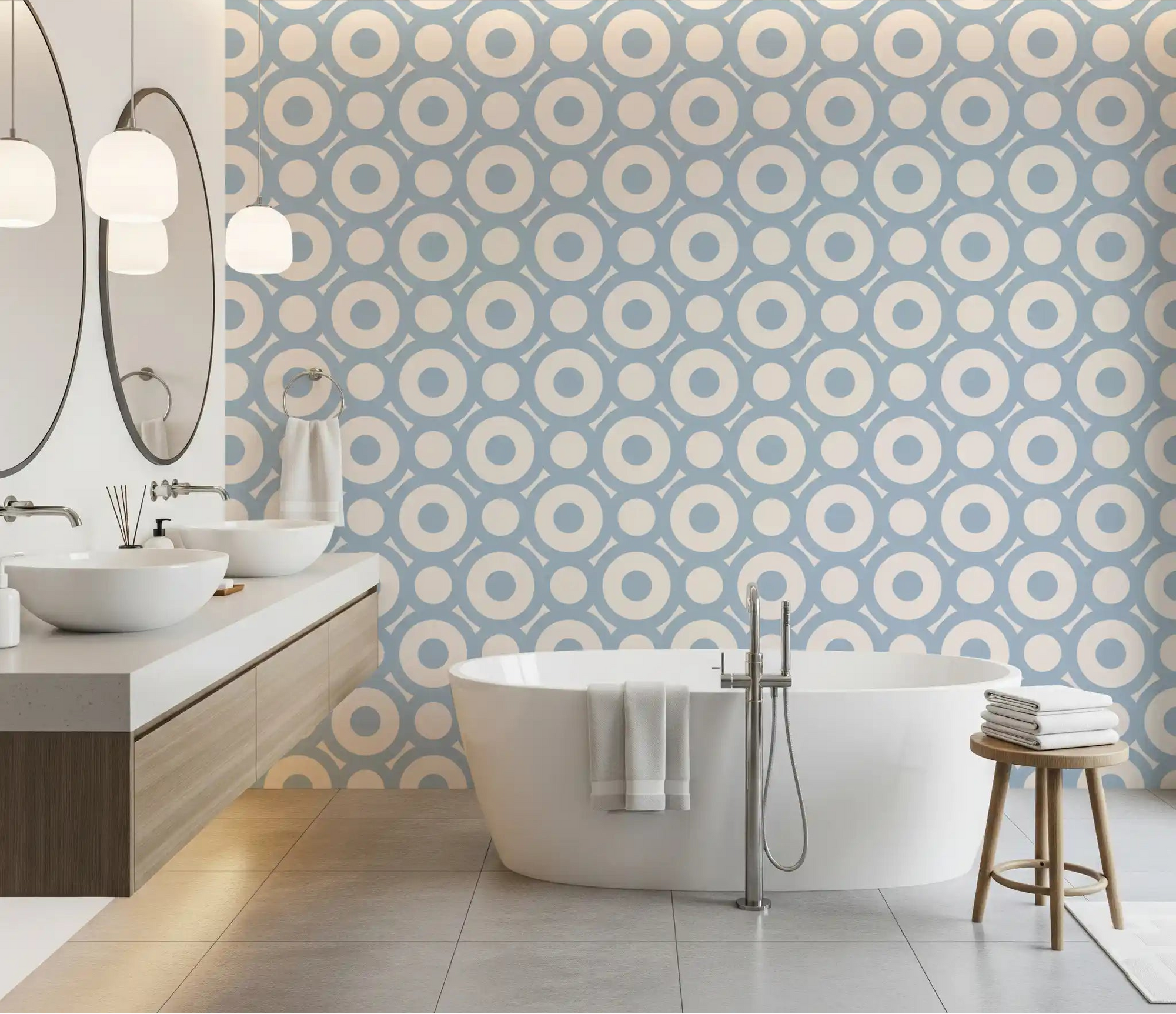 Geometric Circle Lattice wallpaper set across a bathroom feature GD12002