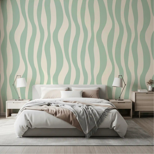 Vertical sage and cream wallpaper columns behind a bedroom in gentle waves GD12003