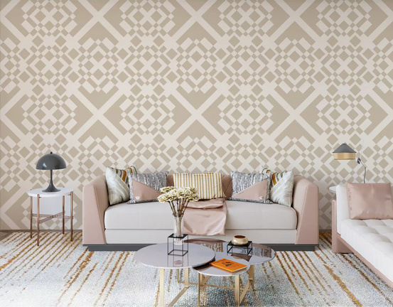 Wallpaper in a beige lattice pattern gives a Living room a calm backdrop GD12004