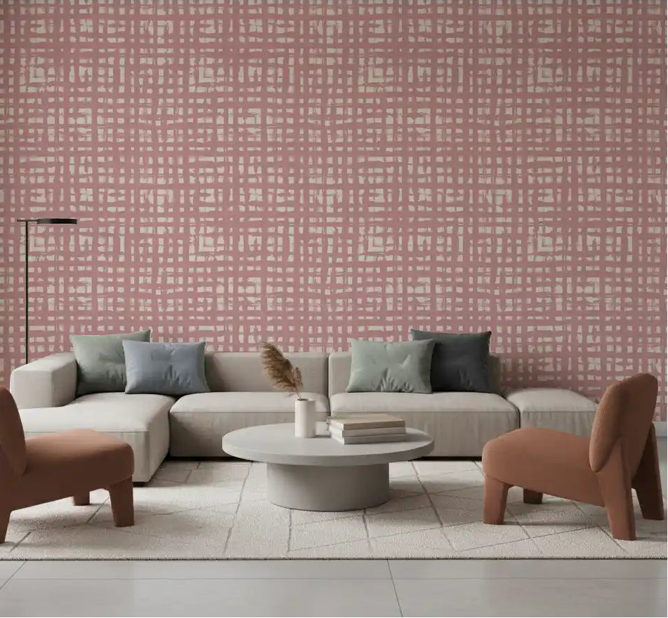 Blush check pattern fills a calm living room in Grid Texture wallpaper GD12009
