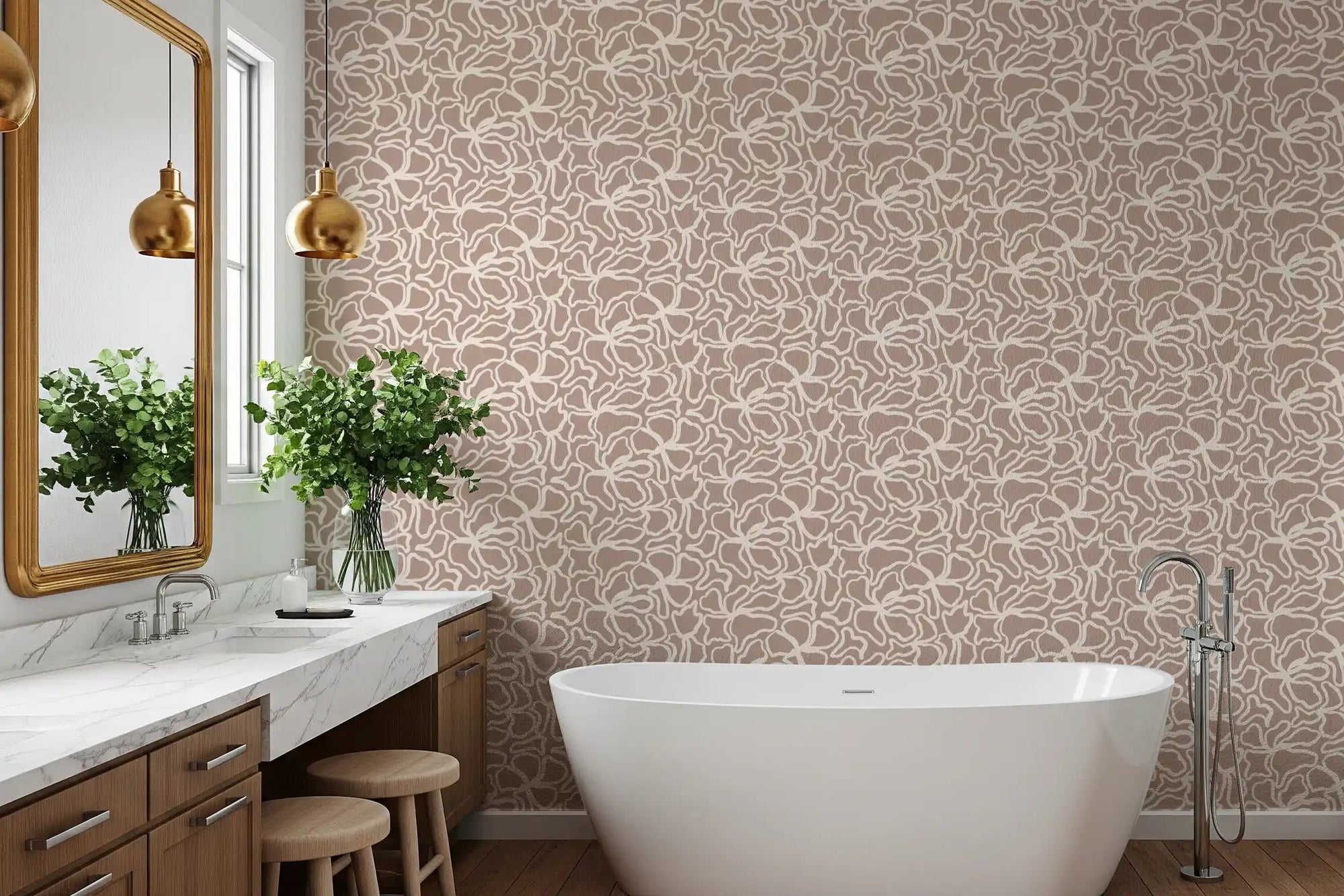Bathroom styled around taupe and cream wallpaper petal lines GD12013
