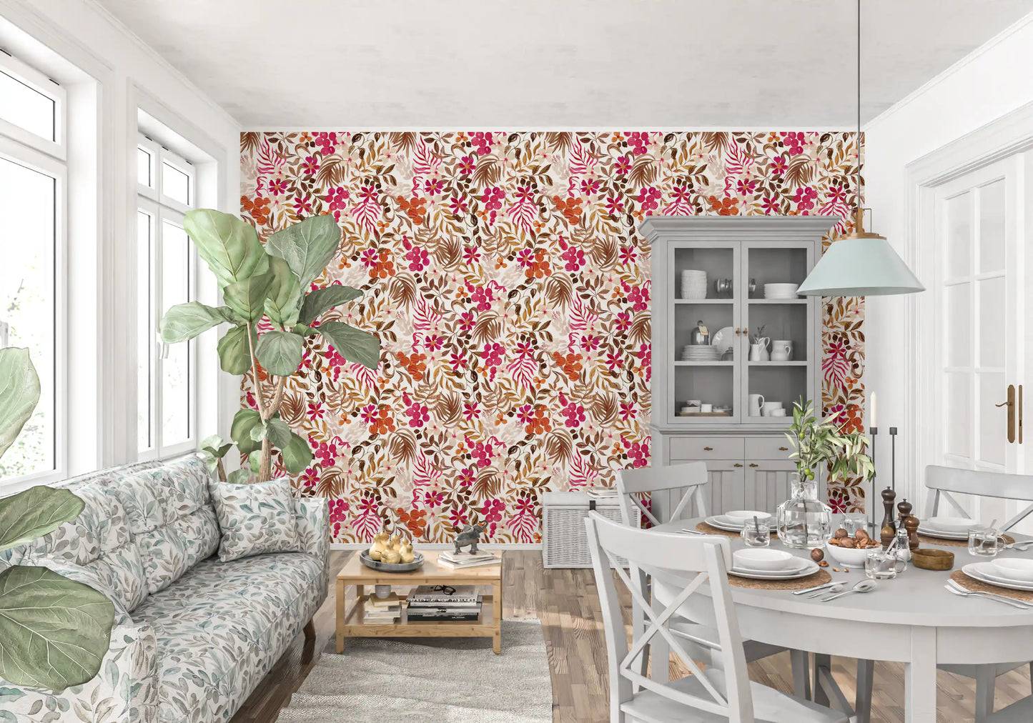 Bohemian botanisch flora-behang met schilderachtige motieven