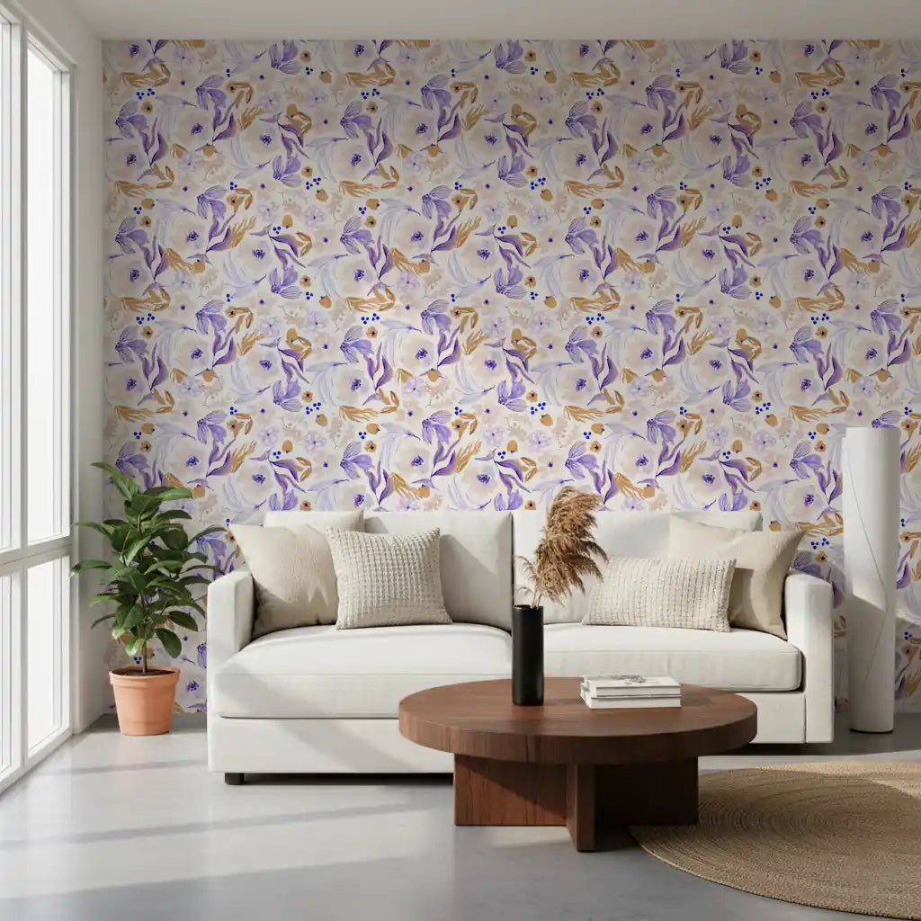 Botanische Blüten-Tapete in Lavendel und Gold