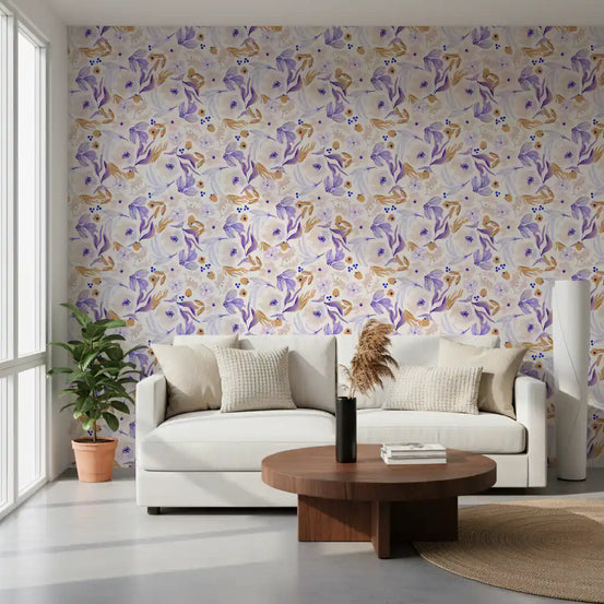 Living room styled with the Lavender Gold Botanical Bloom wallpaper on cream GD12017