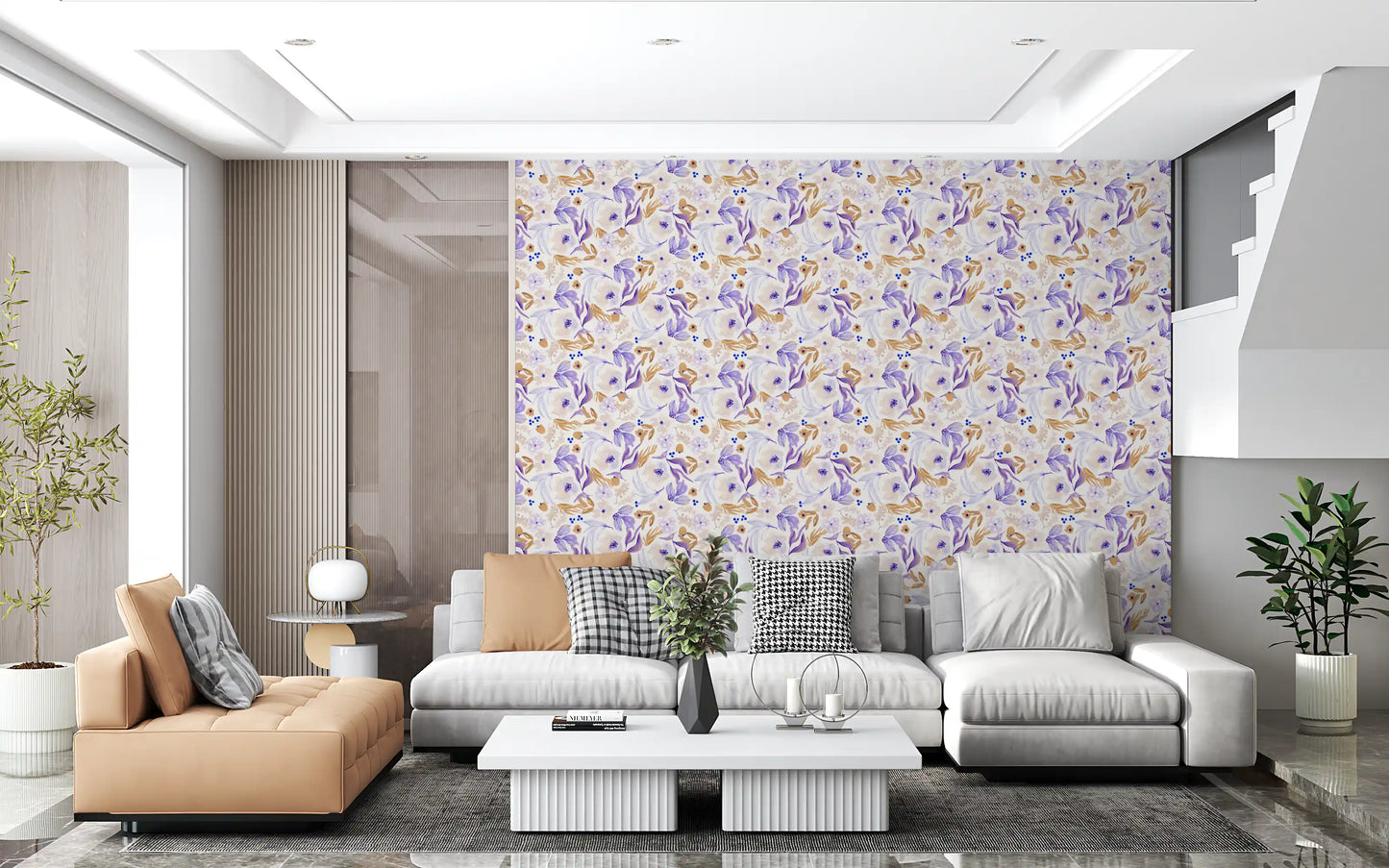 Botanische Blüten-Tapete in Lavendel und Gold