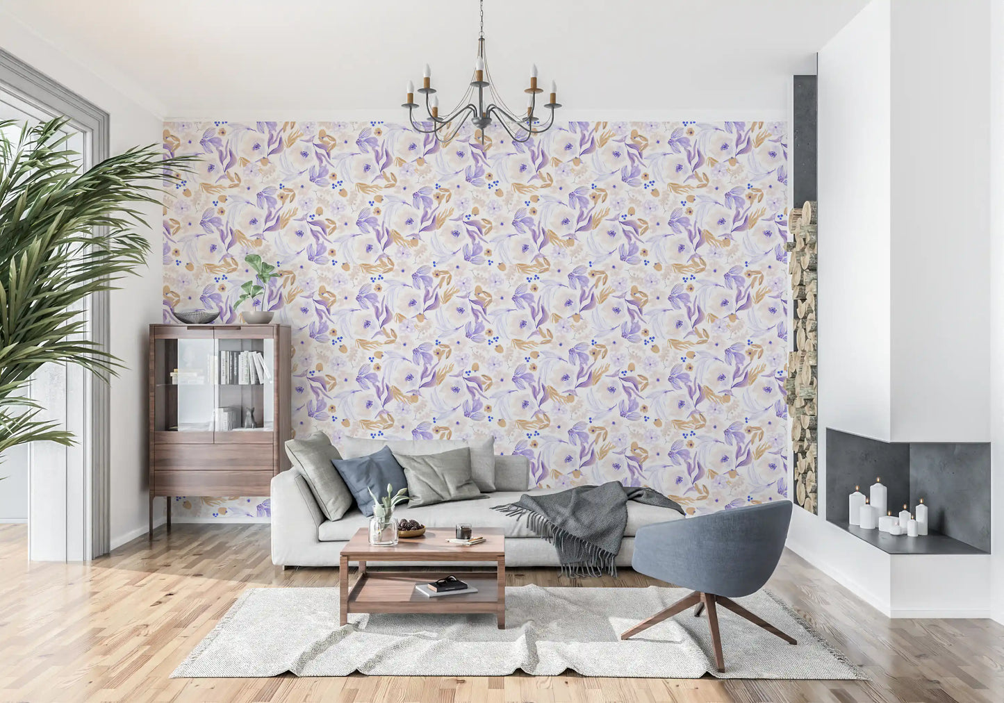 Botanische Blüten-Tapete in Lavendel und Gold