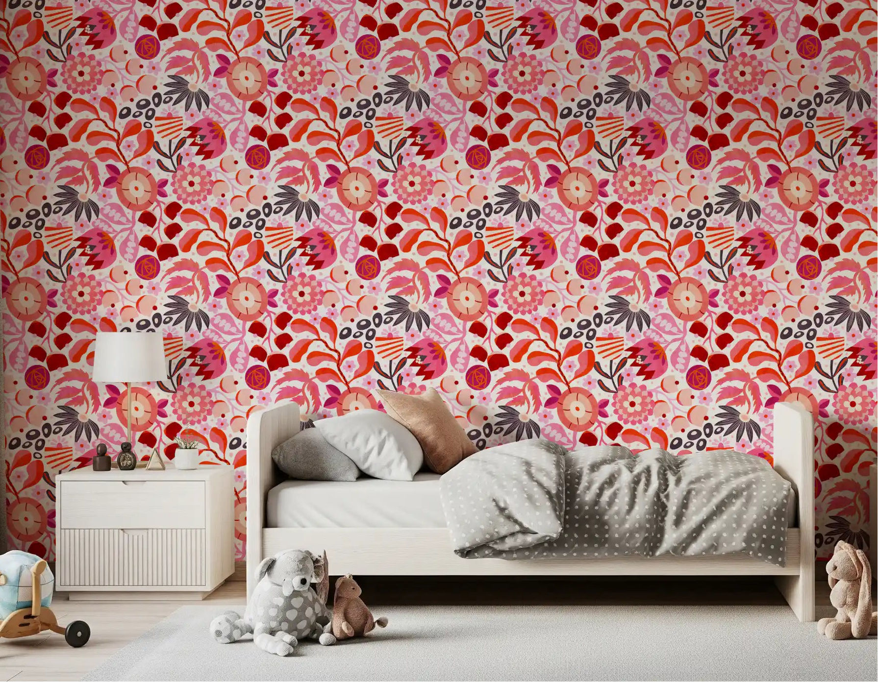 Kids room brightened by red and pink wallpaper blooms GD12023