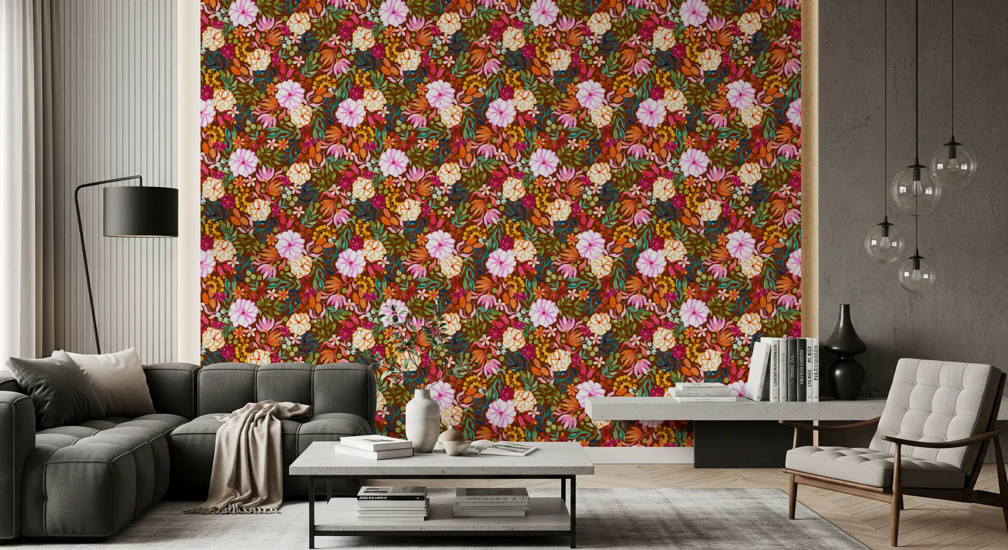 Vivid Hand-Painted Garden Wallpaper⁠