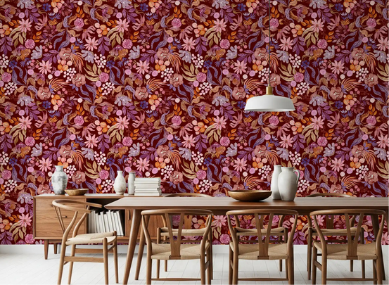 Dining room framed by the Autumn Botanical Garden wallpaper in warm burgundy GD12027
