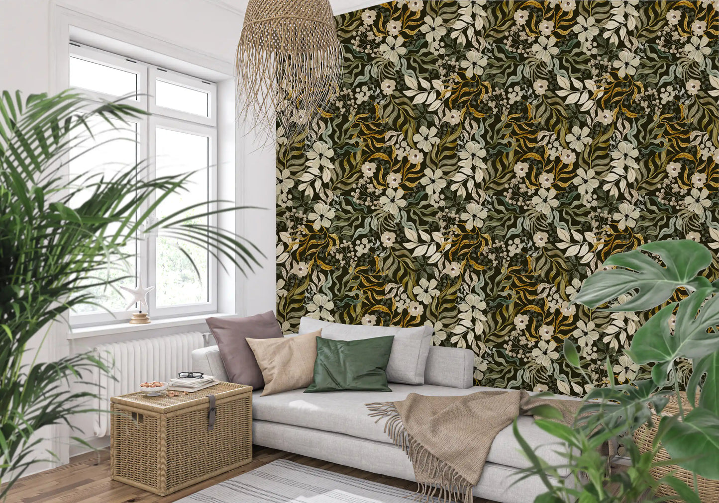 Rustikt cremefarvet tapet med illustration af salvieblade