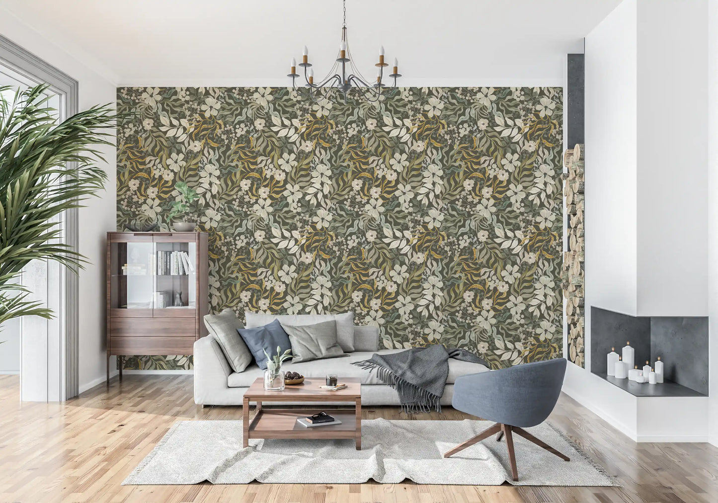 Rustikt cremefarvet tapet med illustration af salvieblade