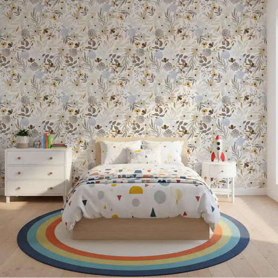 Nursery corner styled in beige, blue and gold watercolor meadow wallpaper, GD12030
