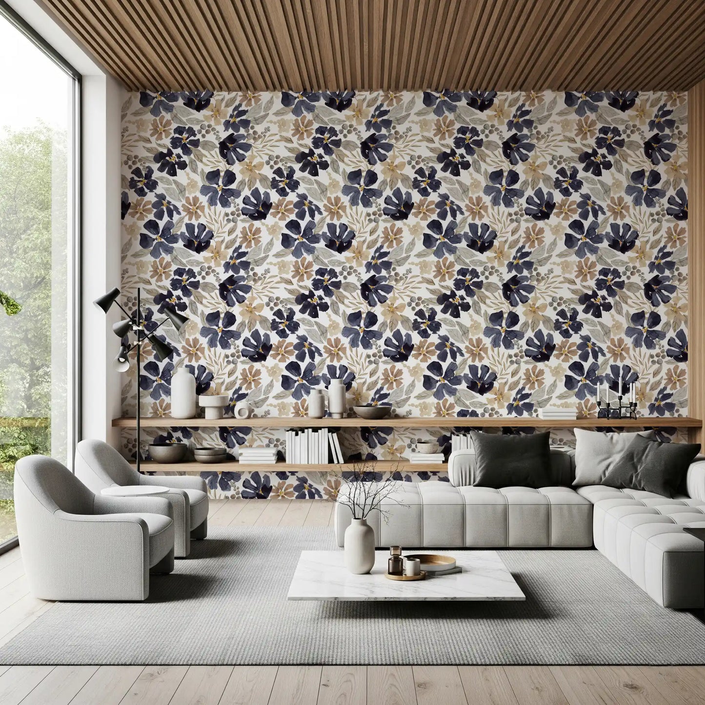 Indigo-Gartenskizzen-Tapete