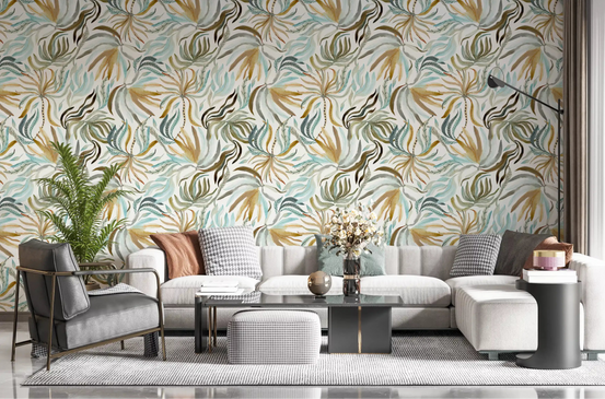 Living room dressed in the Organic Serene Leaf Motif wallpaper GD12032
