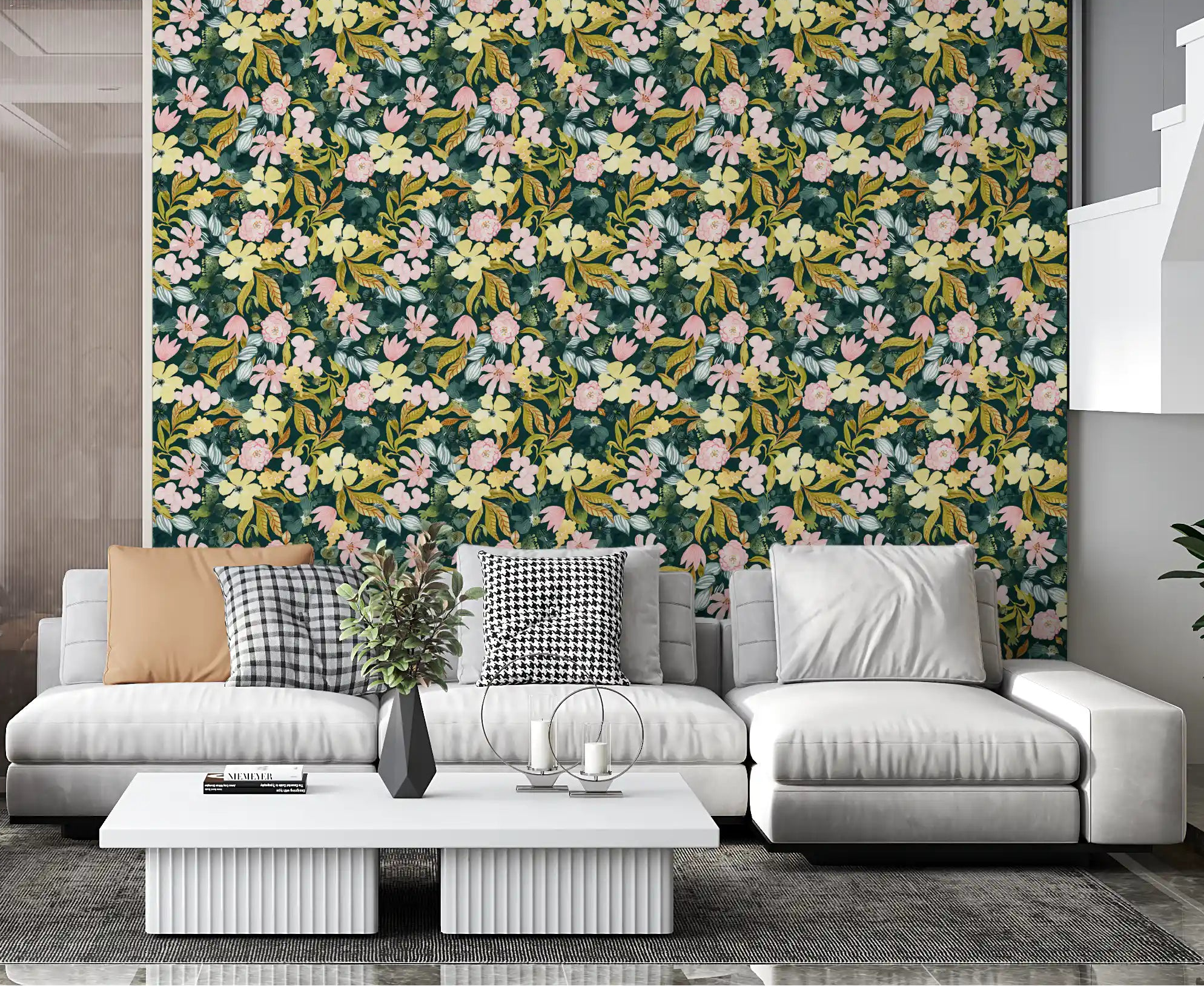 Rustic Botanical Forest Trail wallpaper fills a living room with teal blooms GD12034
