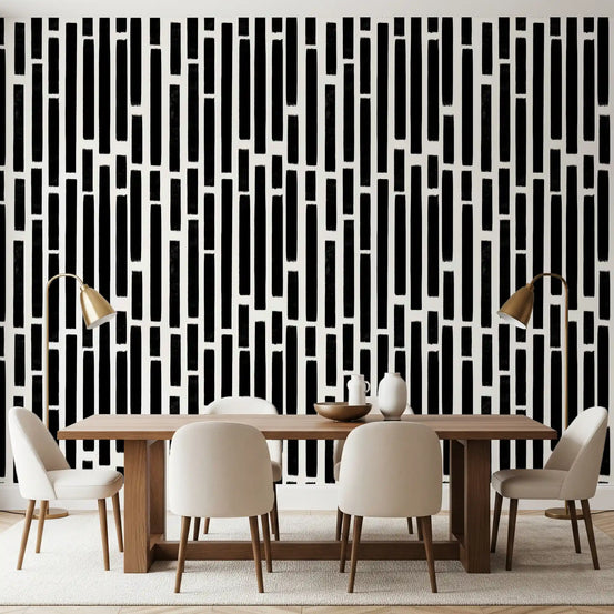 Monochrome Painted Vertical Bars wallpaper behind a bright dining room GD12038
