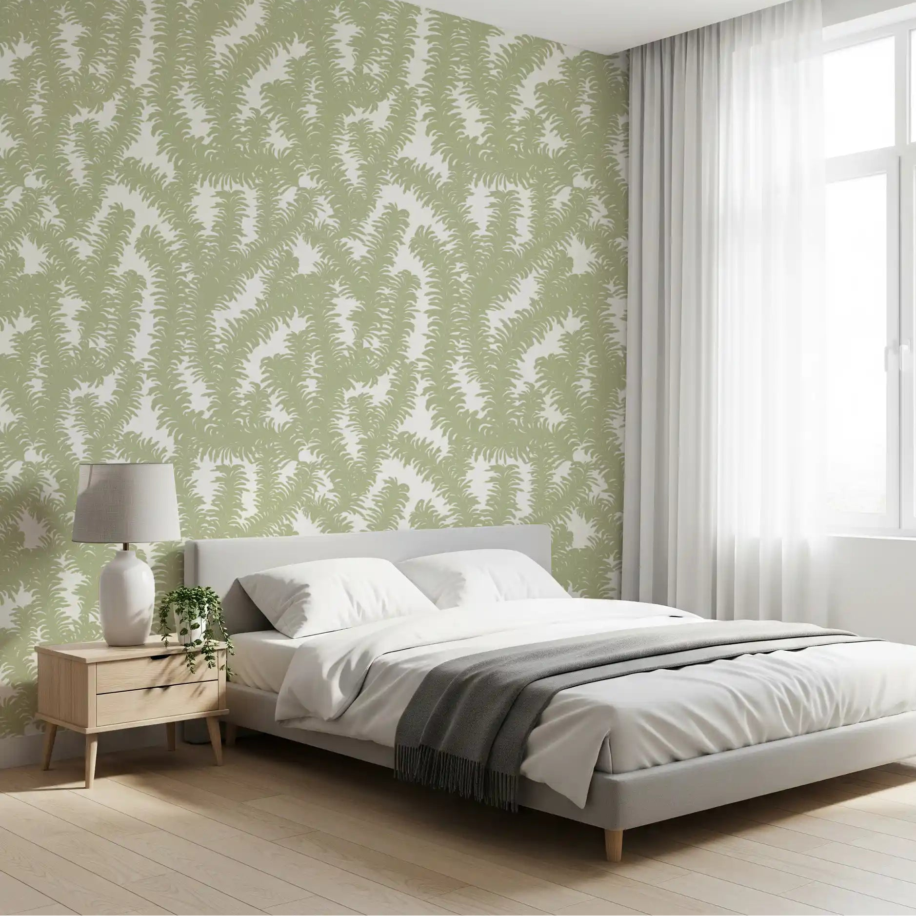 Sage fern fronds fan behind a bedroom in minimalist leaf wallpaper GD12041
