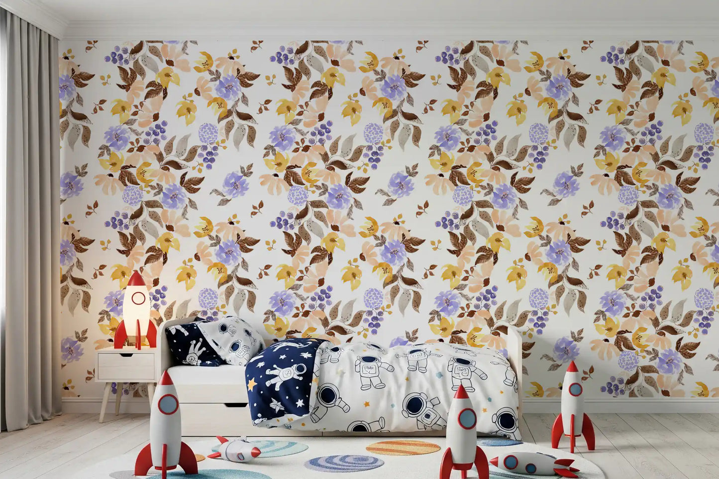 Papel tapiz con ramilletes florales de pradera en acuarela