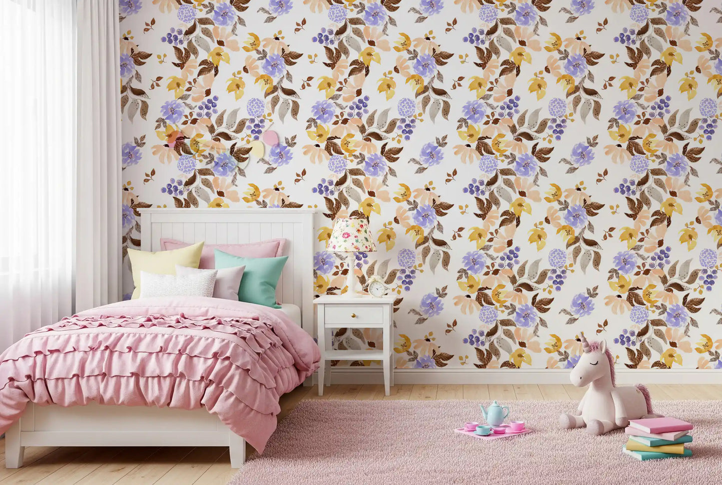 Papel tapiz con ramilletes florales de pradera en acuarela