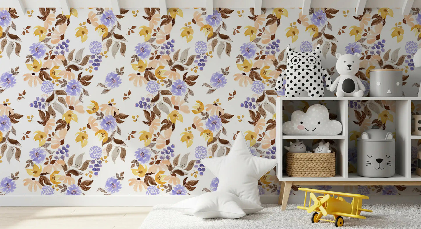 Papel tapiz con ramilletes florales de pradera en acuarela