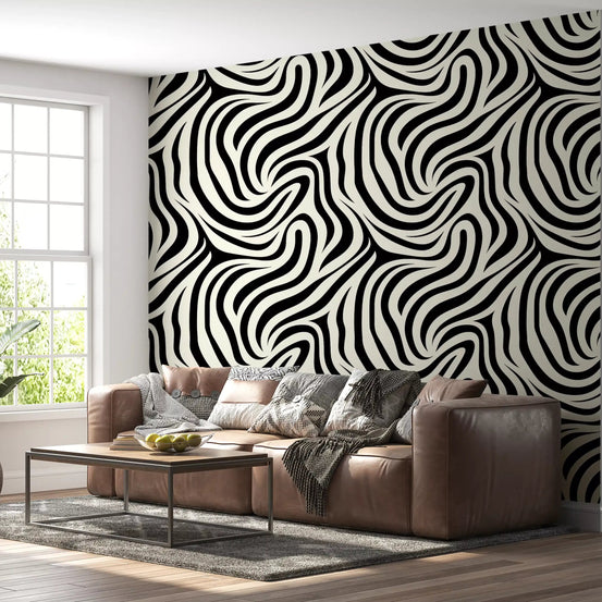 Wallpaper winding black and cream lines through a living room, GD12050
