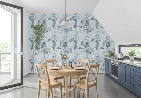 Grey hydrangea foliage in botanical wallpaper wraps a warm kitchen setting GD12056
