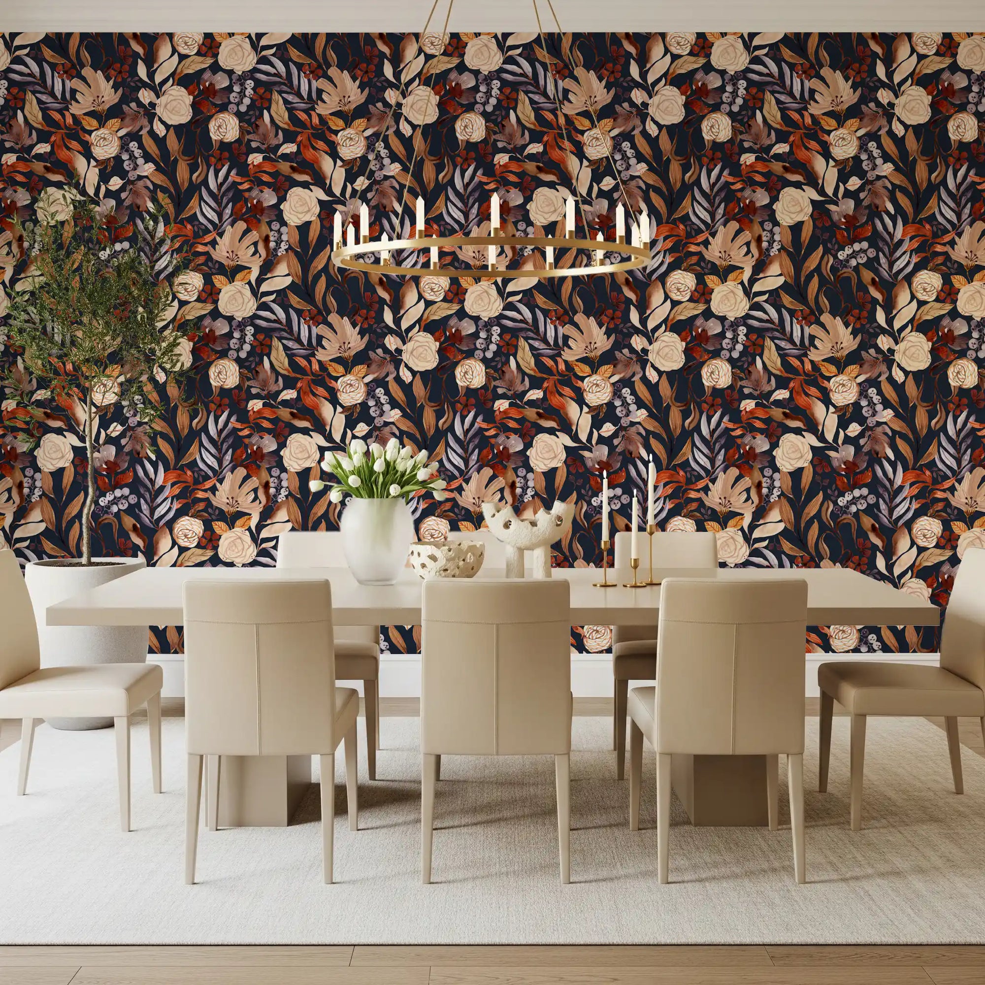 Twilight Blooms floral pattern warms a dining room as removable wallpaper GD12057