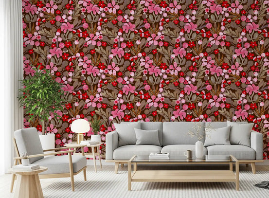 Rustic Crimson Petal Garden wallpaper warming a living room backdrop GD12058