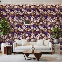 Rustic Cream and Purple Floral Repeat Wallpaper⁠