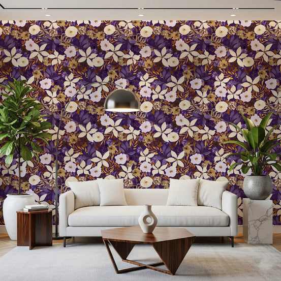 Purple floral wallpaper filling an open living room GD12059
