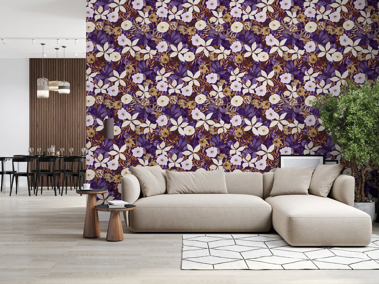 Rustic Cream and Purple Floral Repeat Wallpaper⁠