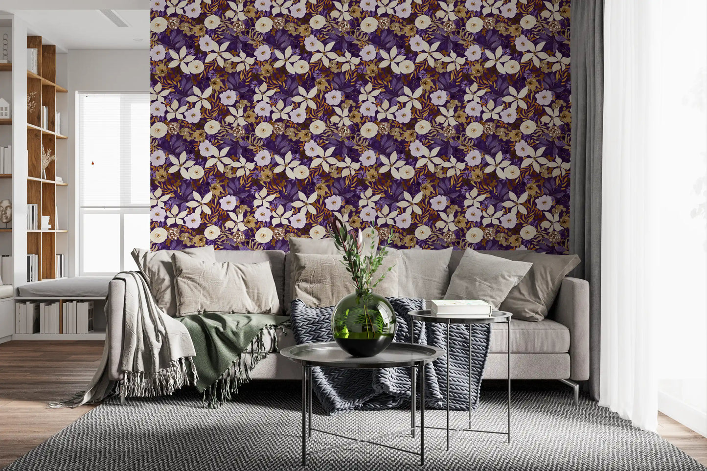 Rustic Cream and Purple Floral Repeat Wallpaper⁠